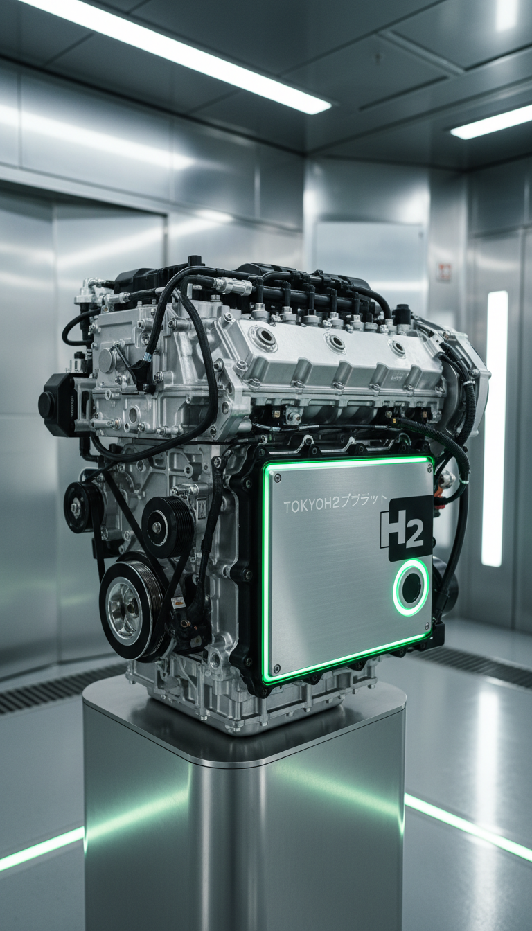 A close-up, detail-focused shot of a hydrogen fuel cell engine, highlighting the intricate silver and black mechanical components and precision engineering. Branded elements and green accent lights subtly indicate the eco-friendly nature. The setting is a pristine, high-tech vehicle bay with reflective metallic surfaces and a structured industrial layout in cool, neutral tones. Overhead soft studio lighting produces subtle highlights and crisp shadows, enhancing textures and depth without visual clutter. The composition is tightly framed, emphasizing technical sophistication and innovation, with sharp focus on the subject. The atmosphere is forward-thinking and confident, stylistically clean and photographic—perfect for conveying the technological prowess behind the TOKYOH2プロジェクト’s taxis.