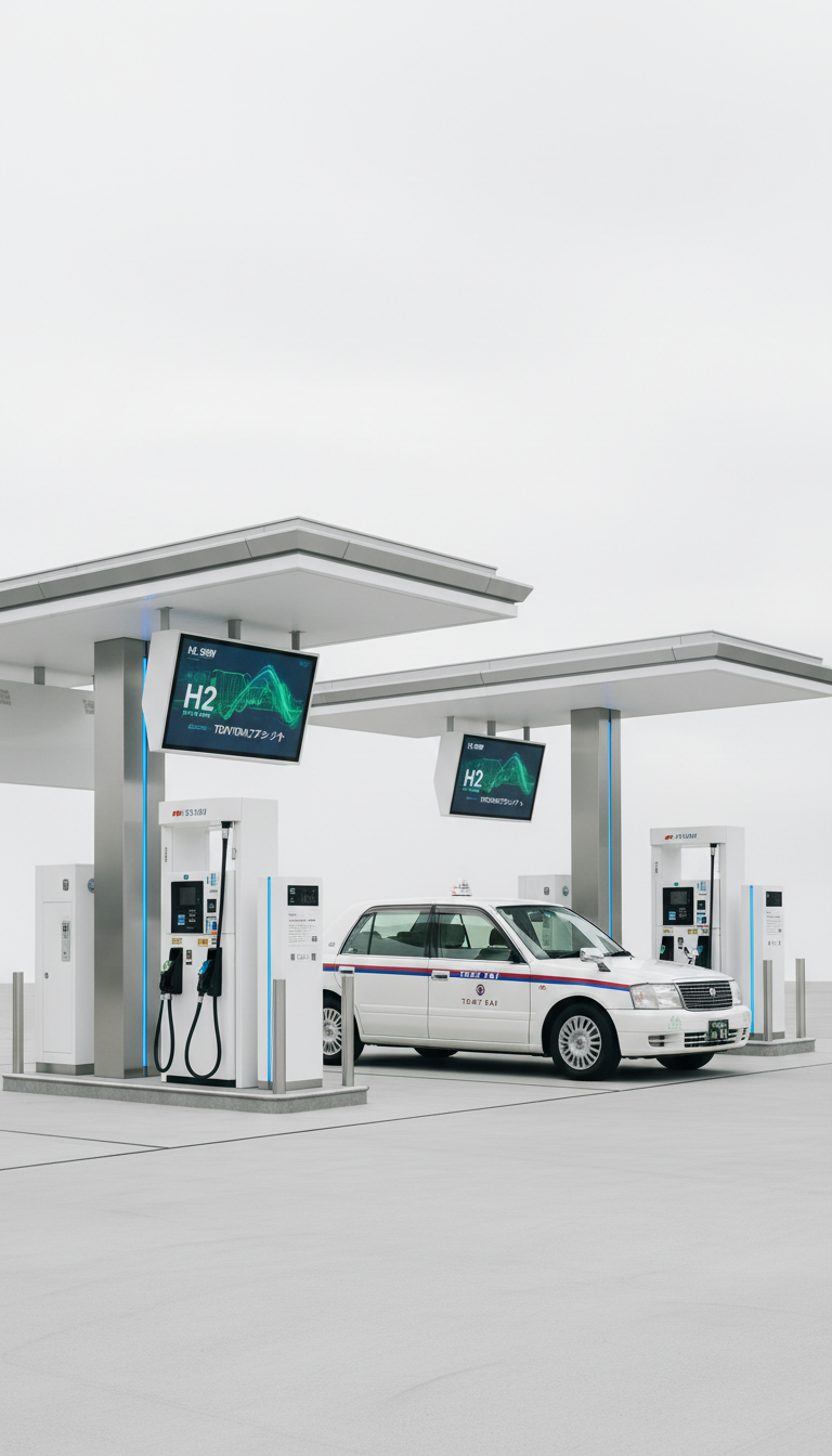 A hydrogen refueling station designed with sleek, contemporary architecture, featuring smooth white panels, anodized metallic trim, and digital displays. A hydrogen-taxi, clean and spotless, waits beneath a minimalist canopy. The ground is spotless, hinting at orderliness and high standards. Bright, diffused overcast daylight ensures even lighting with minimal harsh shadows, highlighting the structured lines and streamlined forms. The composition employs a rule-of-thirds layout, with the refueling pump in clear foreground focus and the taxi subtly offset to create depth. The atmosphere is efficient, trustworthy, and forward-thinking, reinforcing the innovative and environmentally conscious mission of the TOKYOH2プロジェクト. The style is photographic, balanced, and meticulously clean.