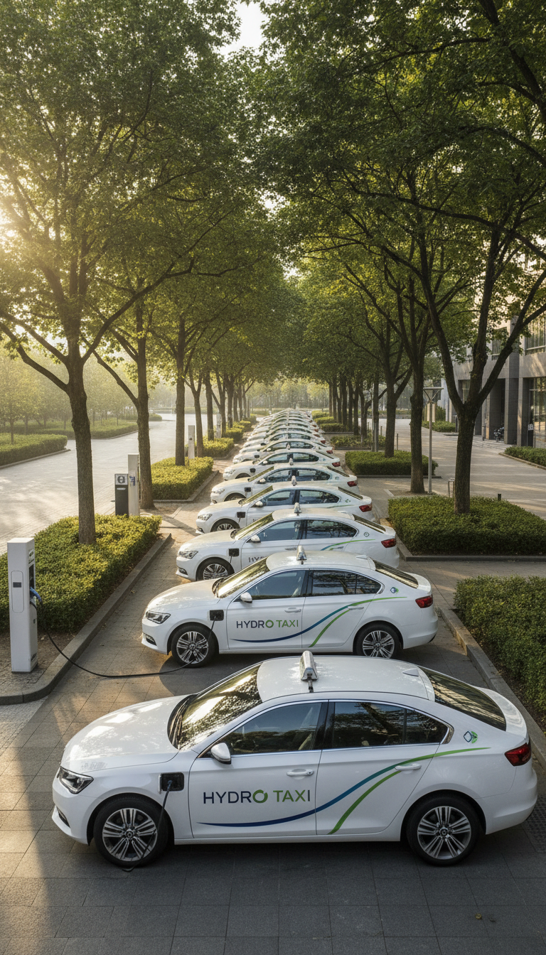 A corporate fleet of hydrogen taxis with polished exteriors and uniform branding lined up symmetrically along a paved, tree-shaded taxi stand. The vehicles showcase sleek, angular designs with subtle green and blue accents symbolizing eco-friendliness. Neatly trimmed hedges and modern, neutral-toned city infrastructure form a structured backdrop. Soft morning daylight filters through the trees, adding dappled light on the vehicles and casting gentle, patterned shadows on the ground. Camera shot from a slightly elevated angle captures the fleet’s organization and professionalism. The mood is dependable, aspirational, and optimistic, with a clear business-oriented photographic style and an emphasis on the project’s scale and environmental impact.