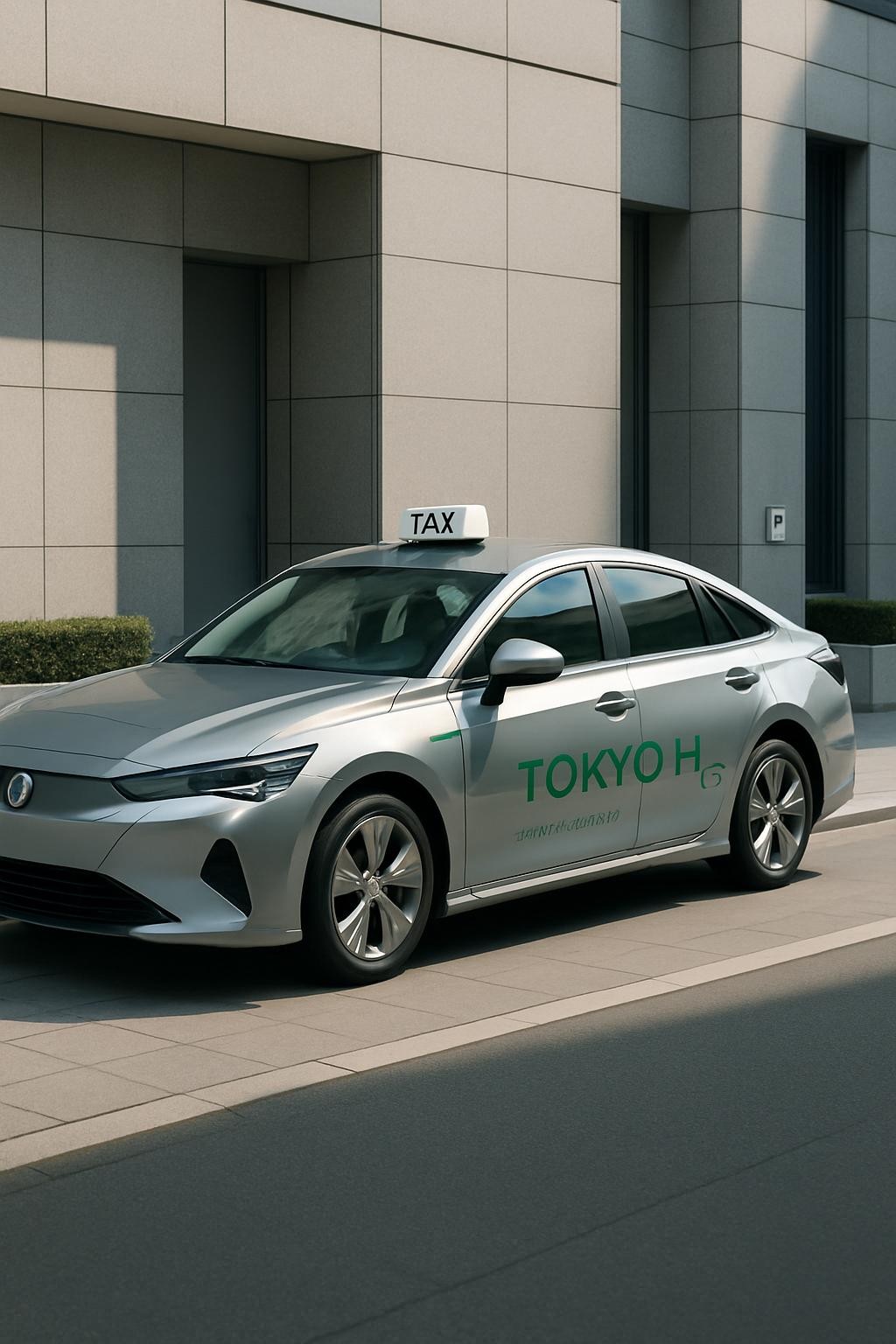 A sleek, modern hydrogen-fuel-cell taxi with a metallic silver chassis and subtle green accents denoting its eco-friendly nature stands parked against an orderly city street. The taxi features clean geometric contours, glossy surface reflections, and the TOKYOH2 logo tastefully displayed on its side. The setting includes wide, tidy sidewalks, minimalist concrete planters, and discreet signage, all in a neutral color palette. Crisp daylight washes over the scene, creating soft highlights and gentle, realistic shadows beneath the taxi. The mood is calm and professional, epitomizing corporate sustainability. Captured from an eye-level perspective with a balanced, structured composition, the focus is sharp throughout. The overall style conveys a photographic realism with a clean and contemporary business aesthetic, perfectly suited to promote an advanced, environmentally responsible taxi service.